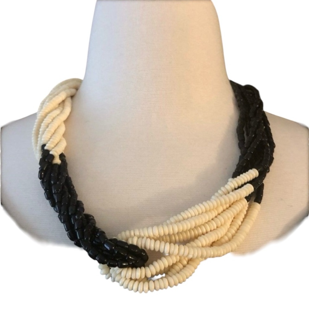 1970’s Boho Pre-Bone Ban and Glass Multi Strand Necklace in Cream and Black, 9.5